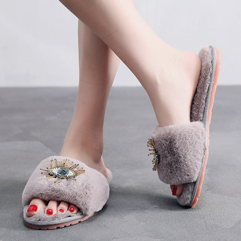 Soft Beaded Tassel Evil Eye Fuzzy Slippers