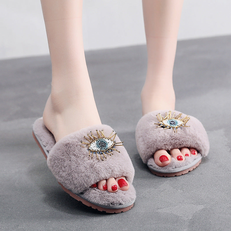 Soft Beaded Tassel Evil Eye Fuzzy Slippers