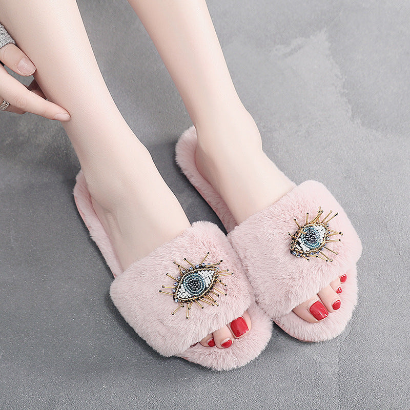 Soft Beaded Tassel Evil Eye Fuzzy Slippers