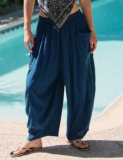 Solid Color String Elastic Waist Loose Pants