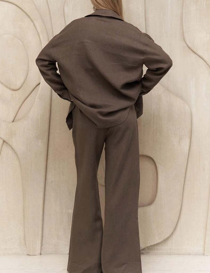 Simple Casual Solid Color Shirt Pant Set