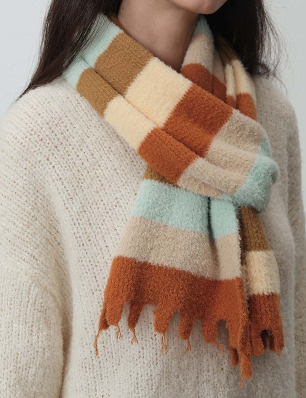 Striped Cozy Color Block Fringed Winter Scarf
