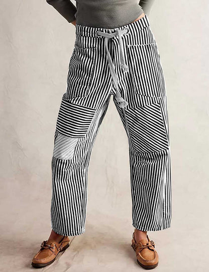 Casual Splice Striped Drawstring Wide Leg Pants