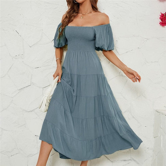 Solid-Waist Wrap Up Dress With High Bubble Sleeves