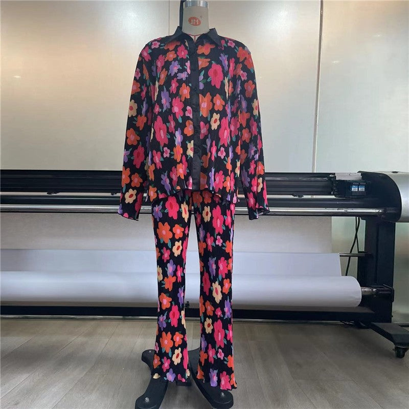 Printed Pleated Long Sleeve Long Pants Set