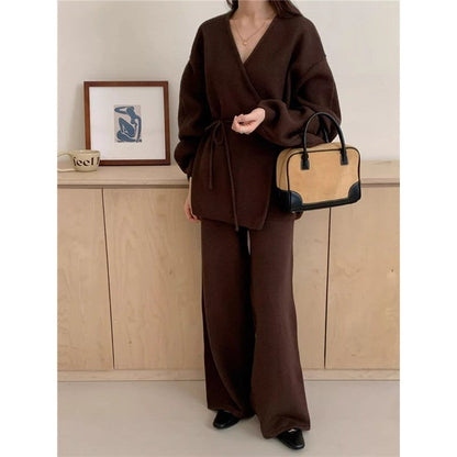 Knit Cardigan With Wide-Leg Pants Set American Retro Style Two-Piece