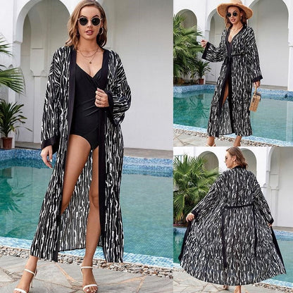 Contrast Color Printing Long Sleeve Belted Casual Loose Long Beach Cardigan Bikini Cover-Up