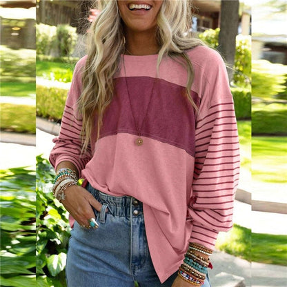Round Neck Casual Striped Contrast Long-Sleeved T-Shirt