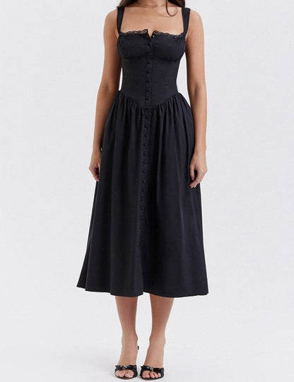 Flower Print Low Collar Spaghetti Midi Dress