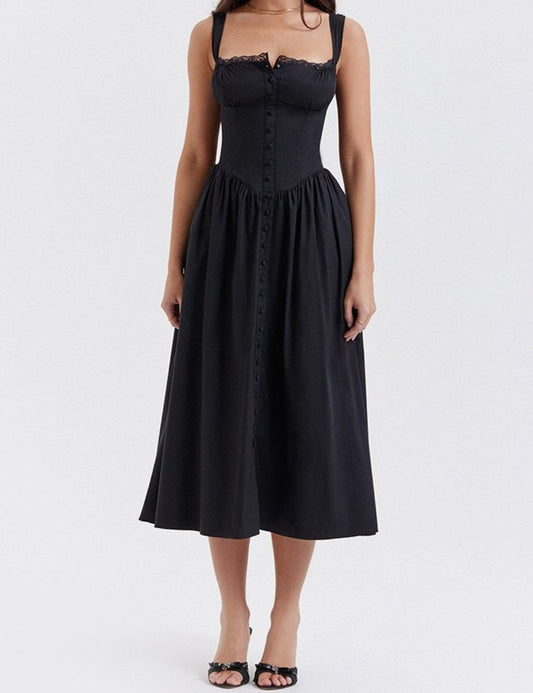 Flower Print Low Collar Spaghetti Midi Dress