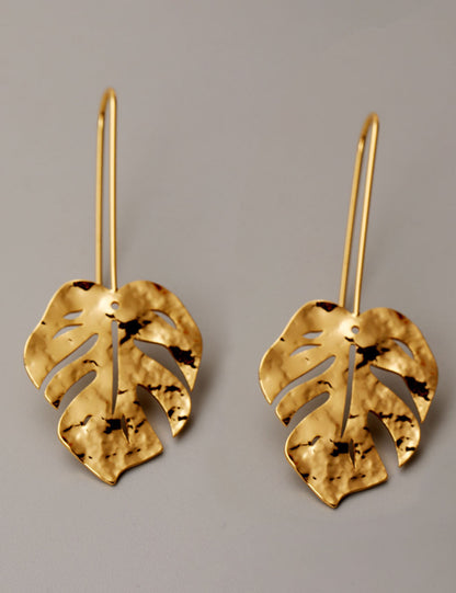 Gold Plated Monstera Leaf Drop Earrings