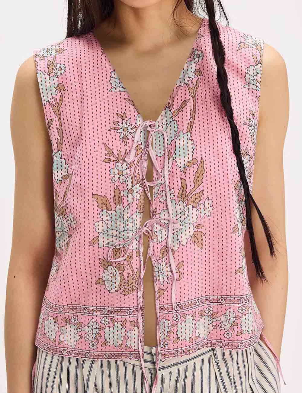 Vintage Flower Print Tie Front Sleeveless Top