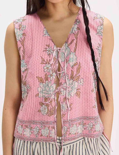 Vintage Flower Print Tie Front Sleeveless Top