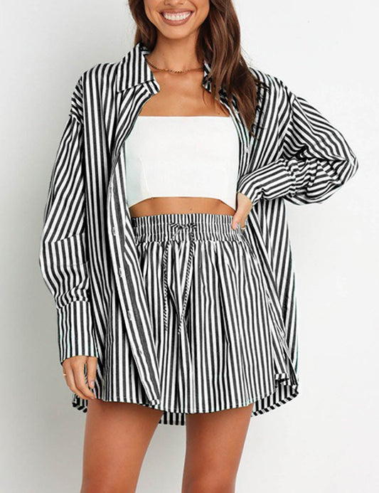 Stripe Color Block Split Shirt Short Set