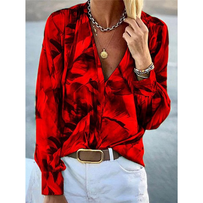 V-Neck Leaves Printed Women's Blouse