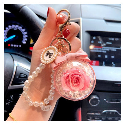 Bow Pearl Chain Keychain With Preserved Flower