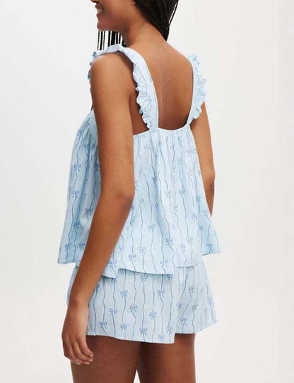 Sweet Bow Print Ruffle Loungewear Set