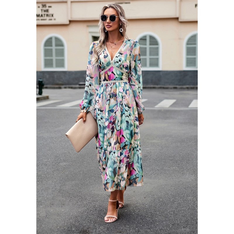 Casual Irregular Color Block Printed V-Neck Long-Sleeved Dress