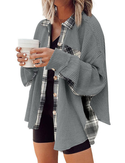 Waffle Plaid Splicing Lapel Button Down Shirts