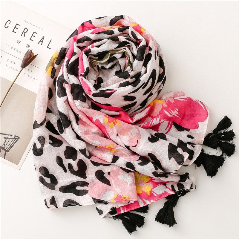Tropical Plant Floral Leopard Contrast Scarf