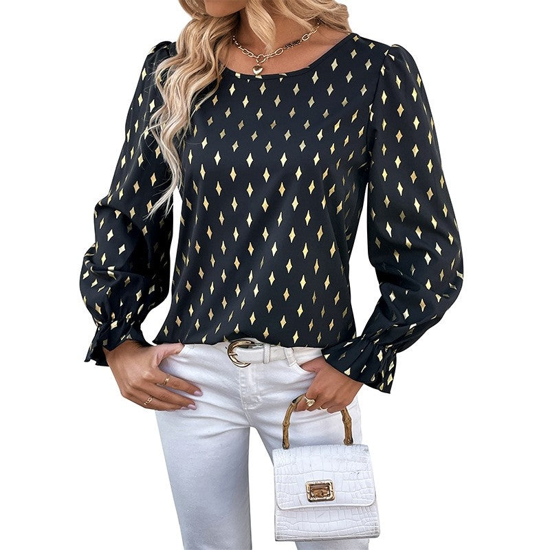 Long Sleeves Crewneck Printing Elegant Blouse Top