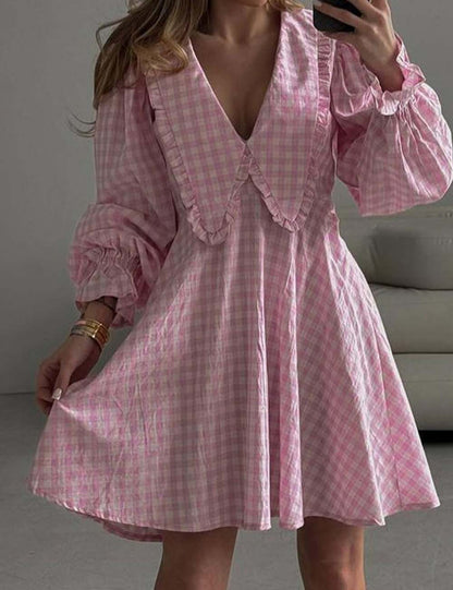 Elegant Plaid Long Sleeve A-Line Dress