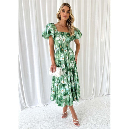 Boat Neck Short Sleeve Elastic Waist A-Line Long Dress