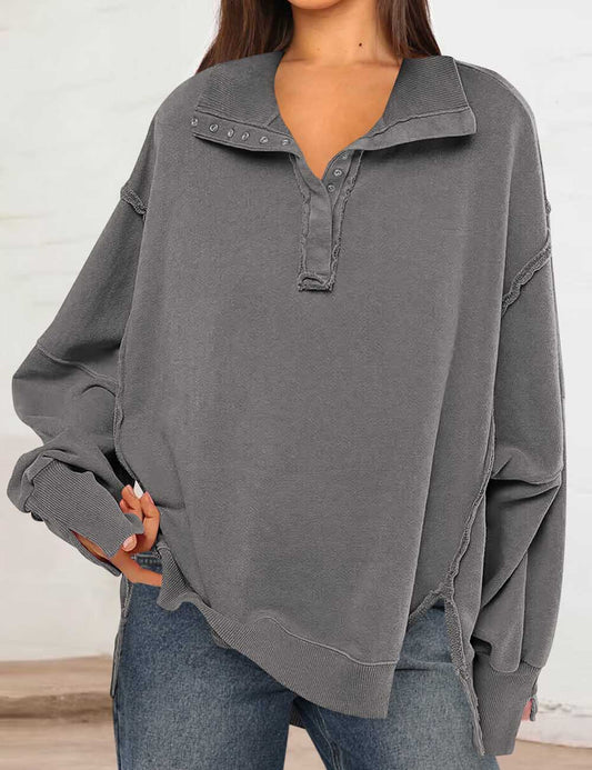 Vintage Solid Color Polo Collar Lantern Sleeve Top