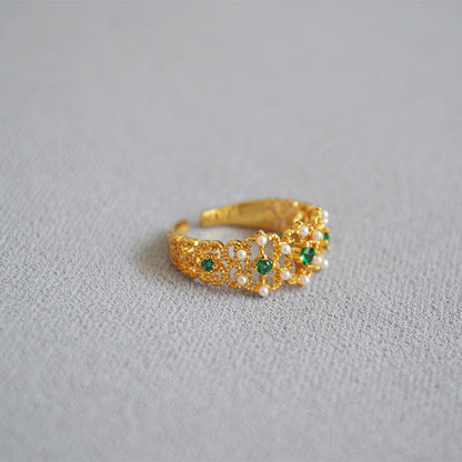 Vintage Emerald Zircon Pearl Hollow Open Ring