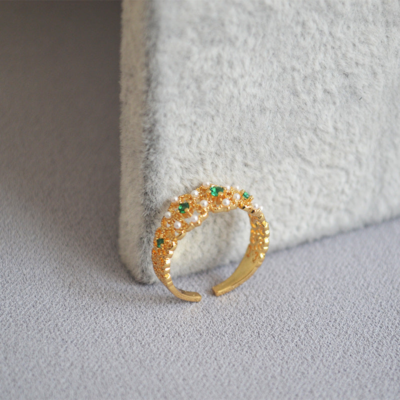 Vintage Emerald Zircon Pearl Hollow Open Ring