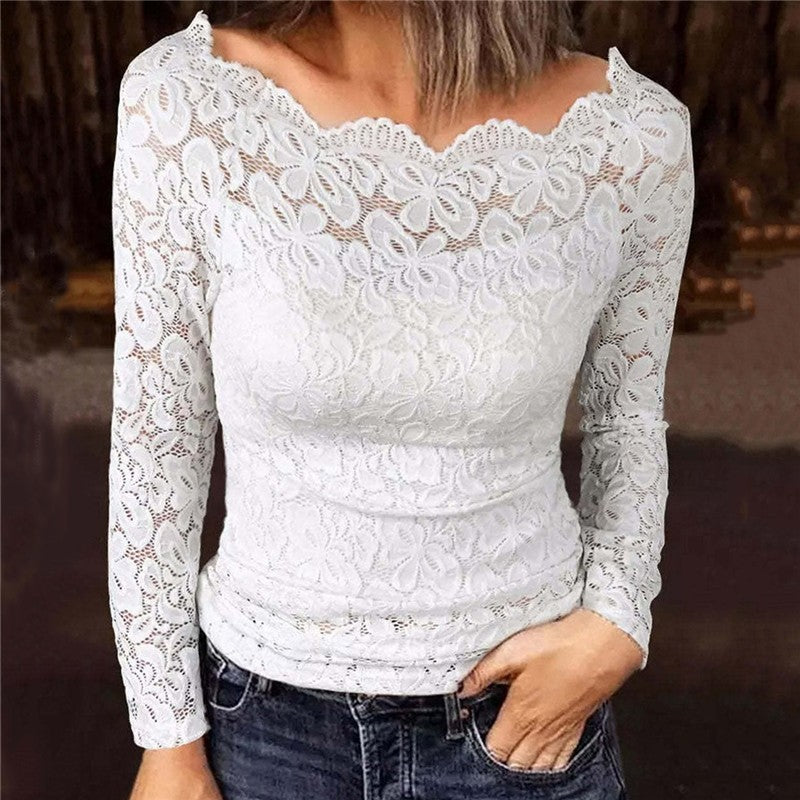 Off-Neck Lace Panel Long-Sleeved Shirt