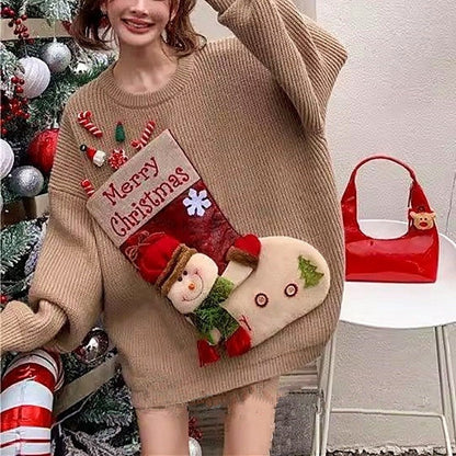 Christmas Red Knit Sweater Socks Snowman Doll