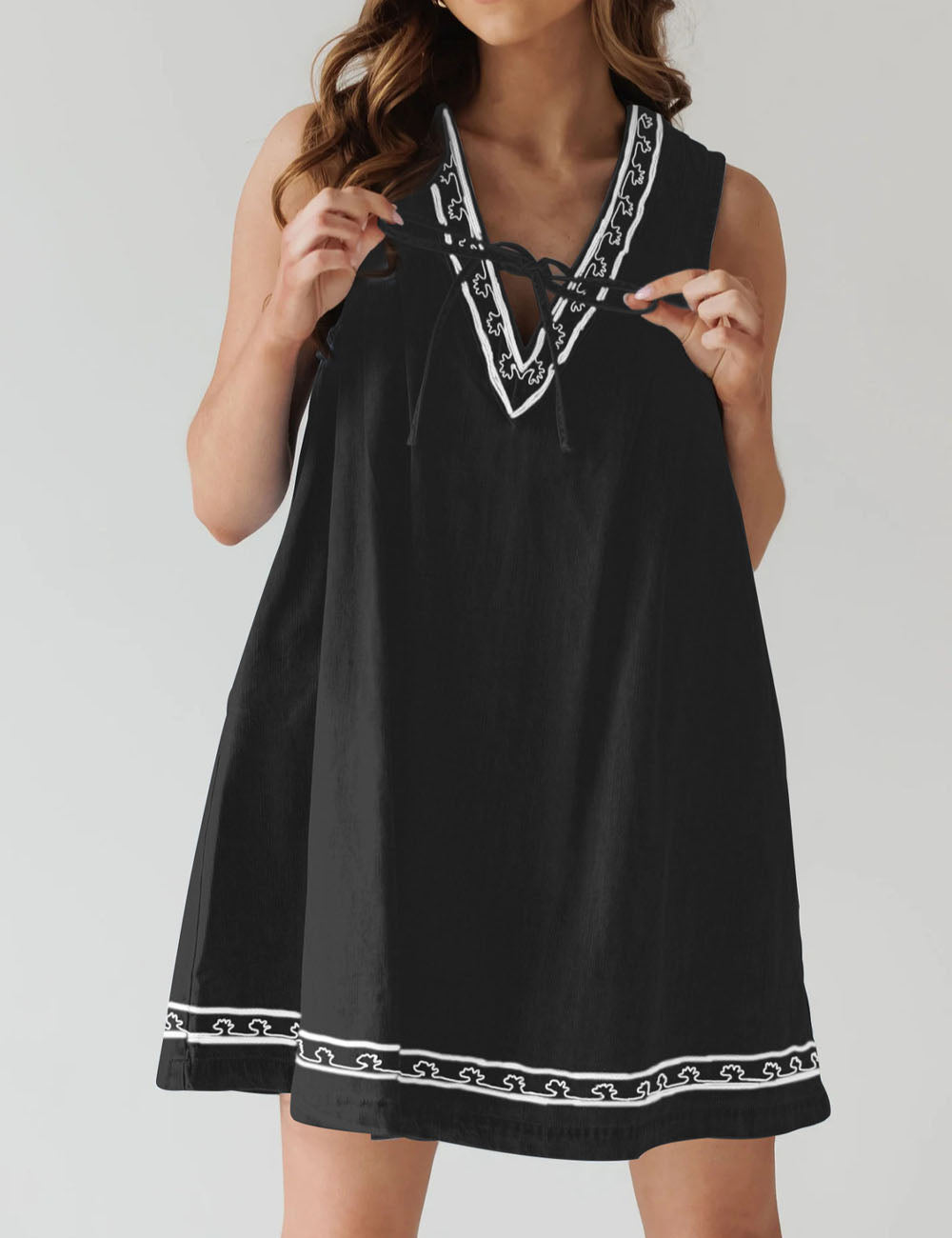 Trendy V-Neck Sleeveless Embroidered Denim Dress