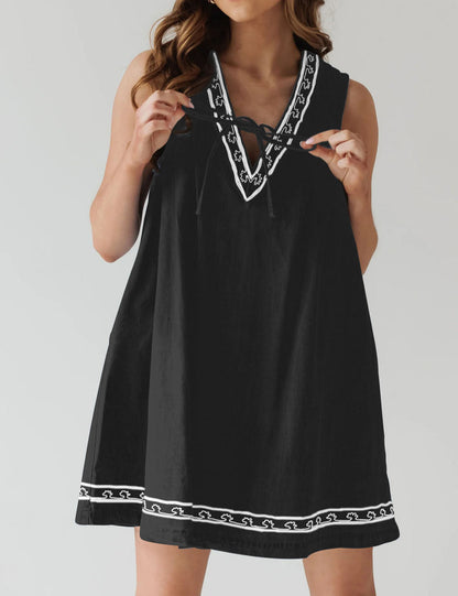 Trendy V-Neck Sleeveless Embroidered Denim Dress