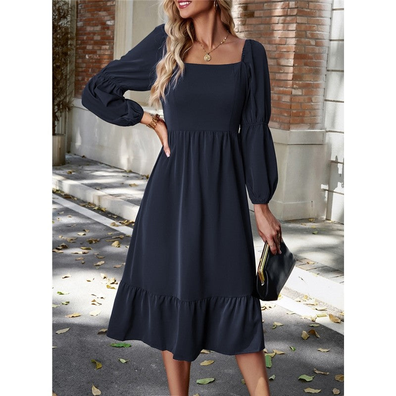 Solid Color Square Neck Ruffle Skirt Waisted Long-Sleeved Dress