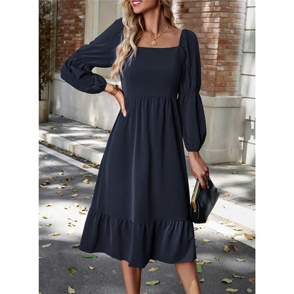 Solid Color Square Neck Ruffle Skirt Waisted Long-Sleeved Dress