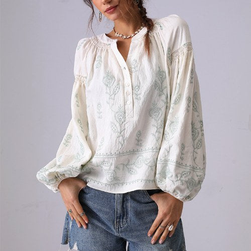 Floral Embroidered Loose Button Shirt