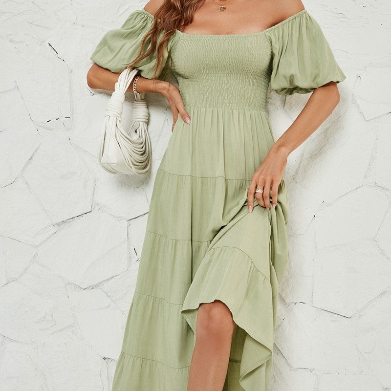 Solid-Waist Wrap Up Dress With High Bubble Sleeves