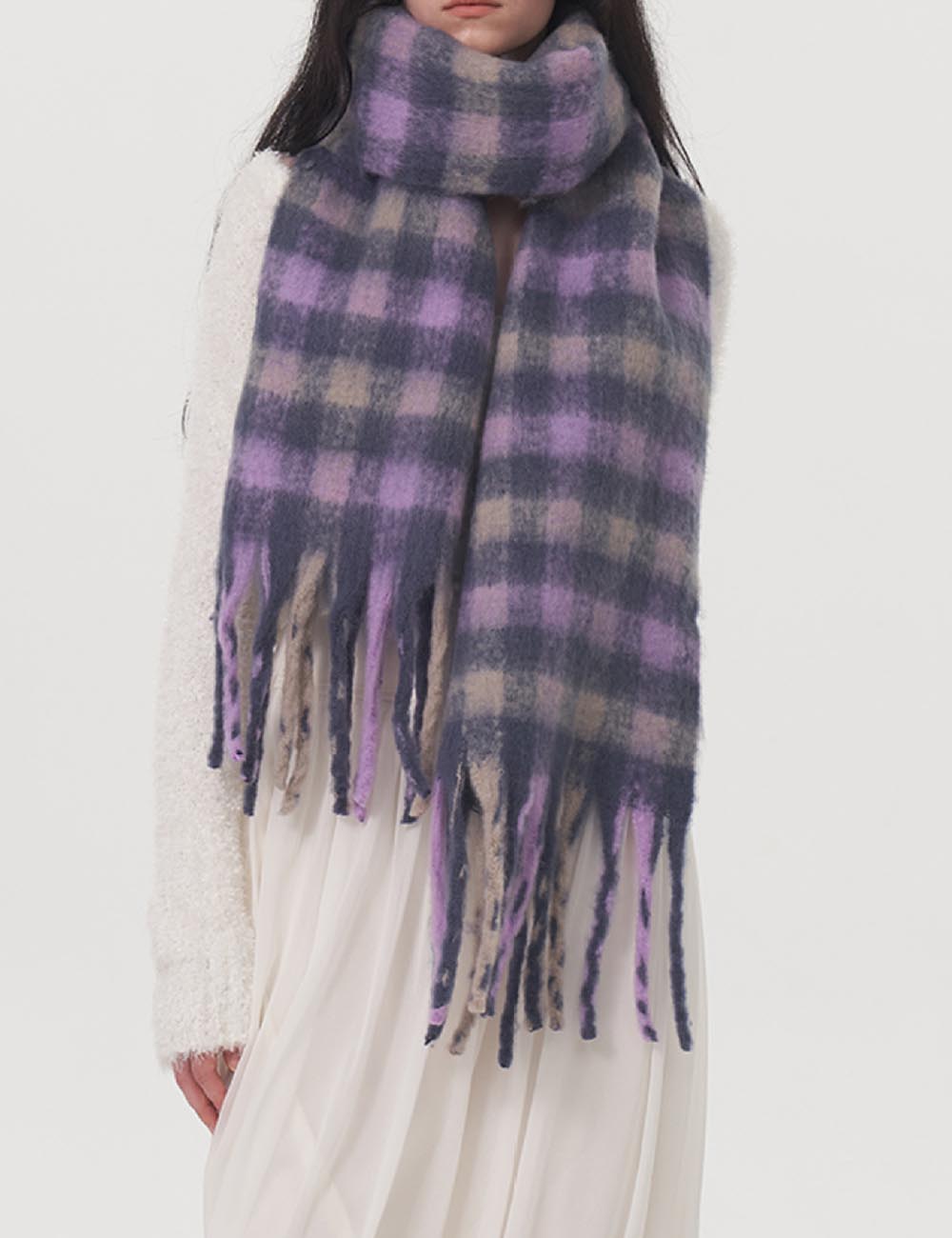Soft Color Block Lambswool Tartan Plaid Scarf