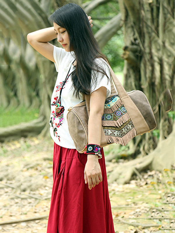 Khaki Tassels Emboridered Tote Bag