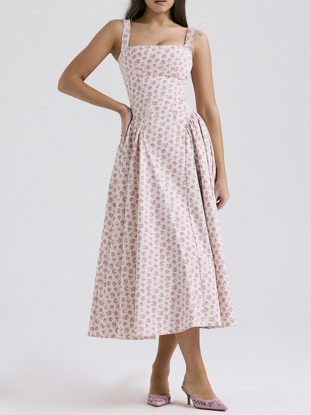 Flower Print Square Collar Spaghetti Dress