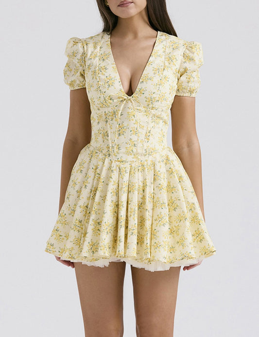 Puffy Sleeves V-Neck A Line Mini Dress