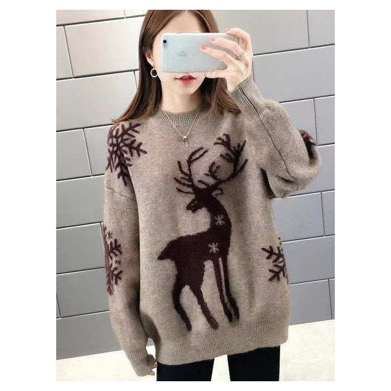 Deer Jacquette Round Neck Knit Sweater
