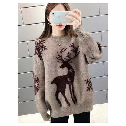Deer Jacquette Round Neck Knit Sweater