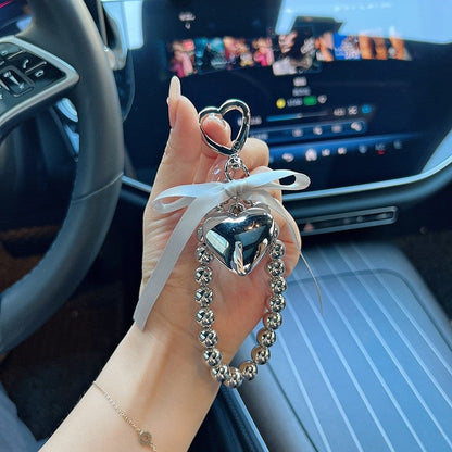 Creative Bow Silver Bead Heart Keychain