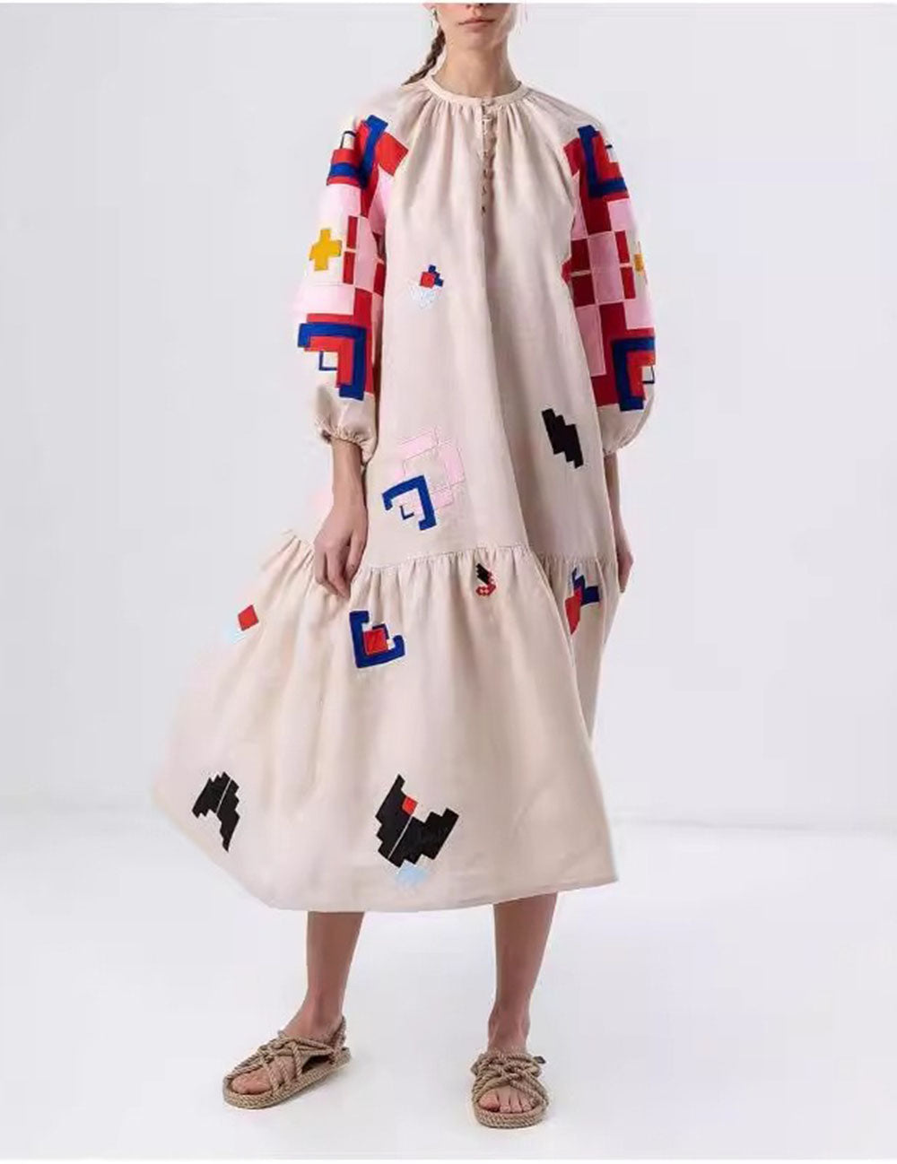 Lantern Sleeves Print Loose Midi Dress