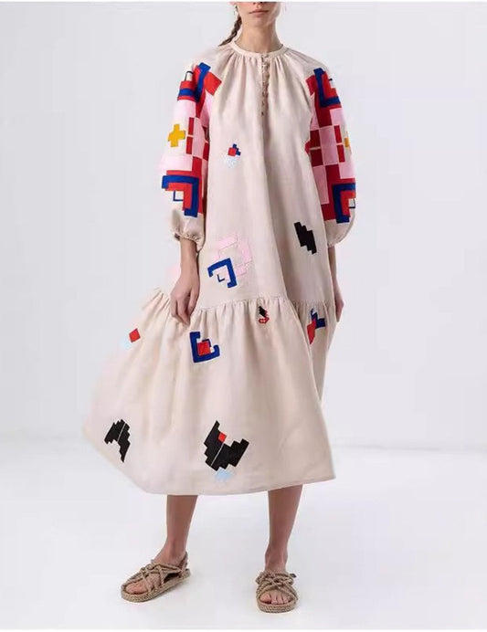 Lantern Sleeves Print Loose Midi Dress