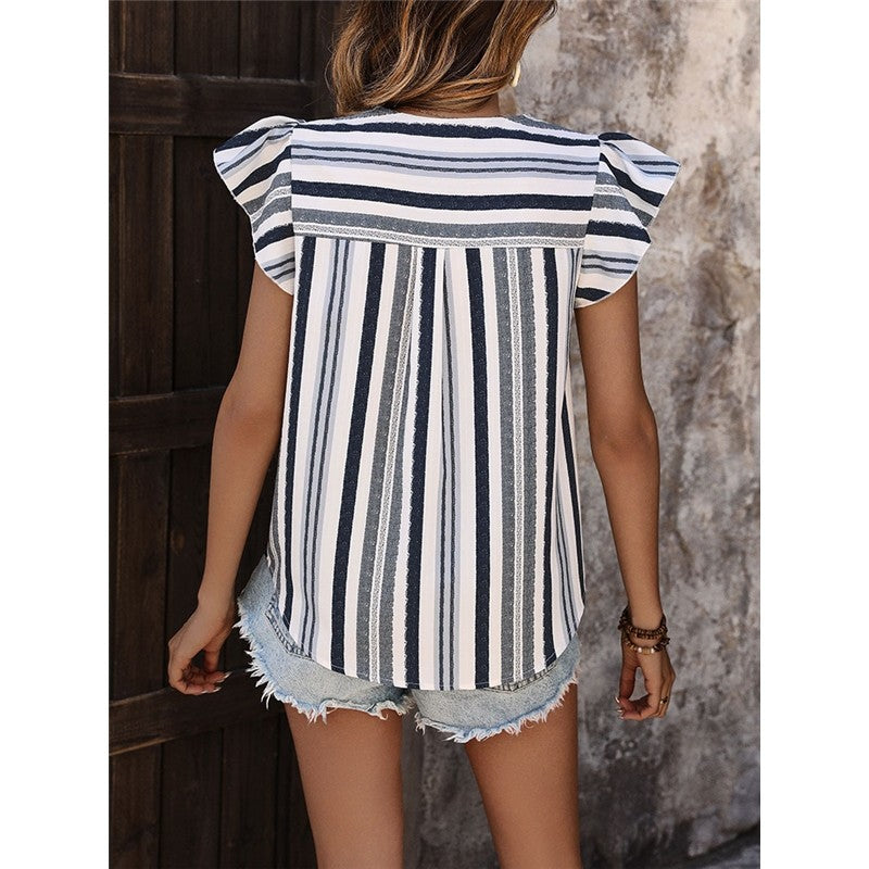 Contrast Striped Patchwork Ruffle Sleeve Pullover Shirt