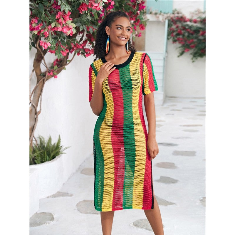 Short-Sleeve Round-Neck Knit Striped Split-Side Cover-Up