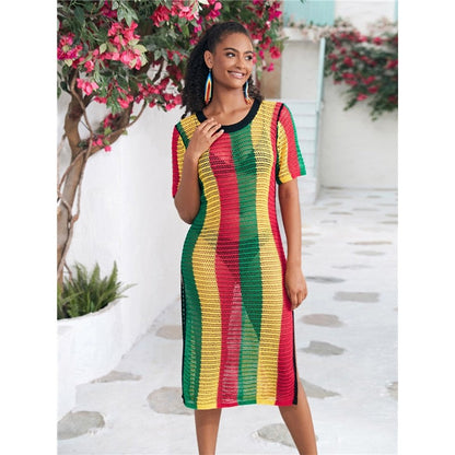 Short-Sleeve Round-Neck Knit Striped Split-Side Cover-Up